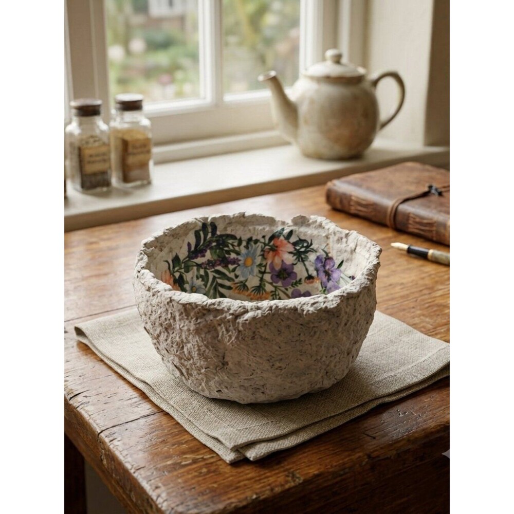 Handcrafted Paper Mache Bowl - Floral Interior - Textured Decorative Art